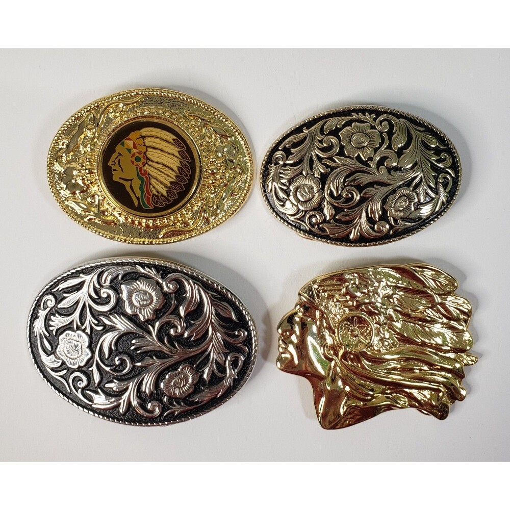 Vintage Western Belt Buckle Lot Native American Chief Floral Gold & Silver Tone